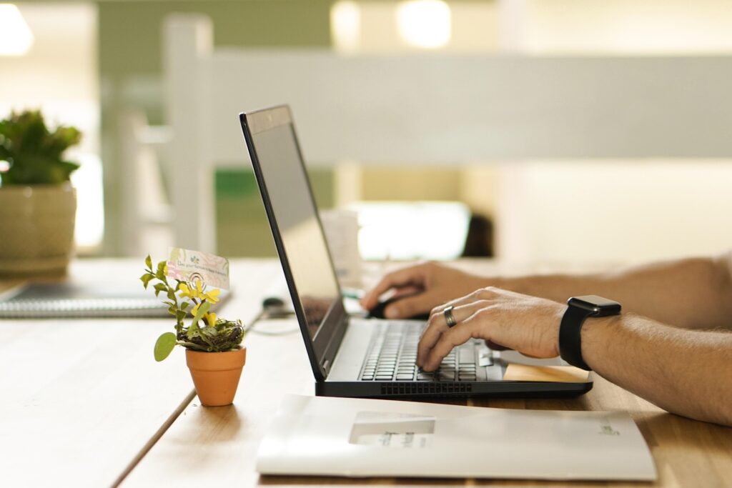 Computer sitting on a desk with a plant online presence